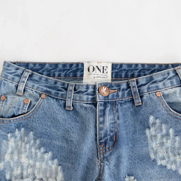 One Tea Spoon Blue "Trashed Free Birds" Extreme Distressed Straight Tapered 27 - Picture 14 of 15